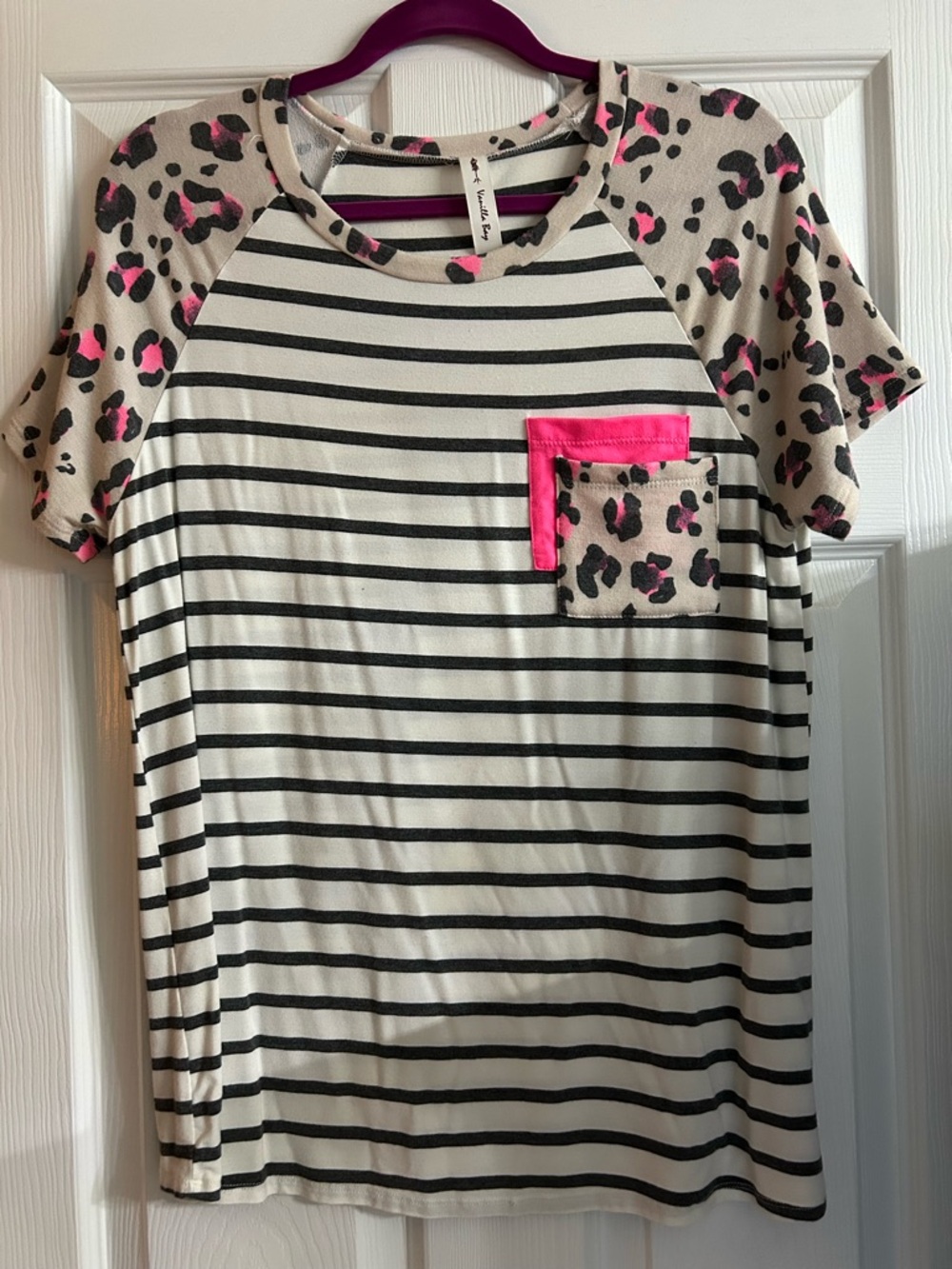 Striped Tee with Pink Leopard Pocket - Women’s